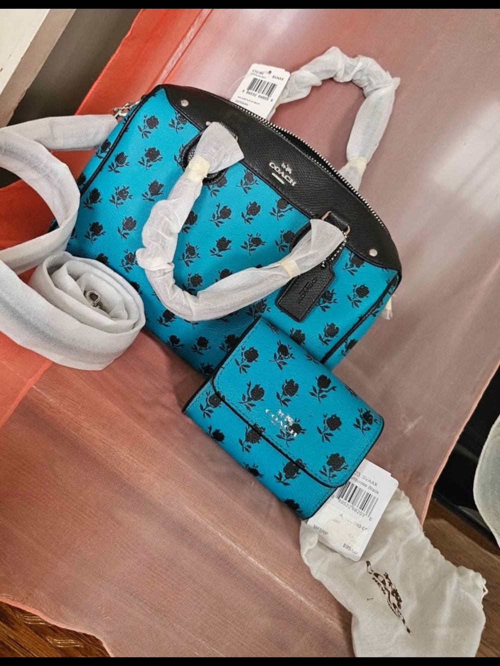 Coach Teal Floral Print Dome Satchel with Matching Wallet